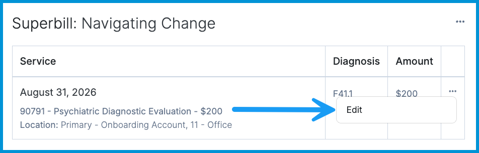 Superbill details screen with a blue arrow pointing to Edit in the line item's three-dot menu.