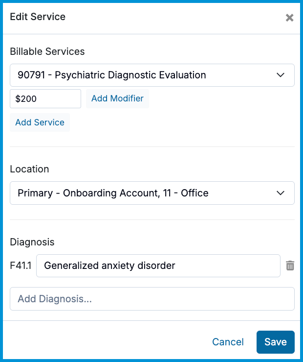 Edit Service modal displaying options for Billable Services, Fee, Location, and Diagnosis fields with a Save button at the bottom.