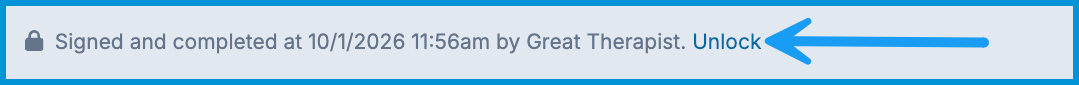 Signature timestamp banner on a signed note with a blue arrow pointing to the "Unlock" link.