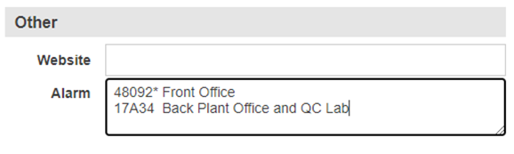 Alarm field on the Customer Info tab holding two alarm codes with their locations