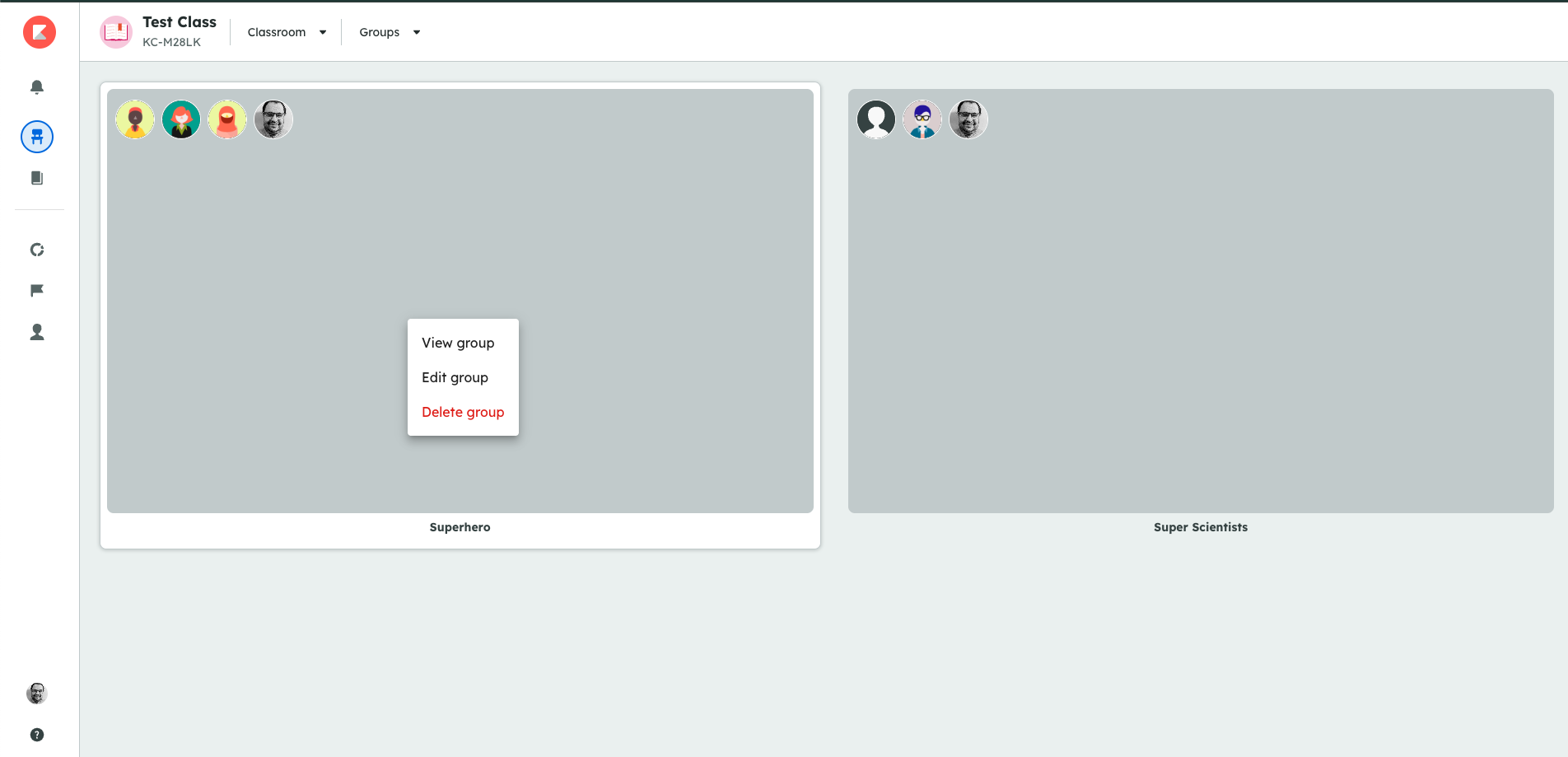 A Groups tab with student icons and options to view, edit, or delete a group.