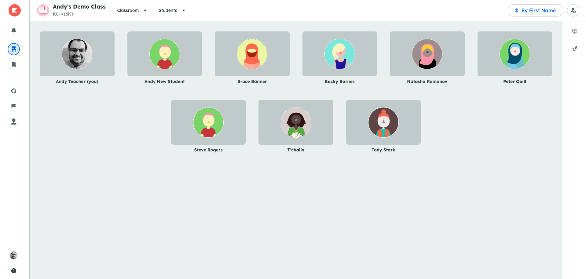 A Kiddom classroom page with tiles for the teacher and each student.