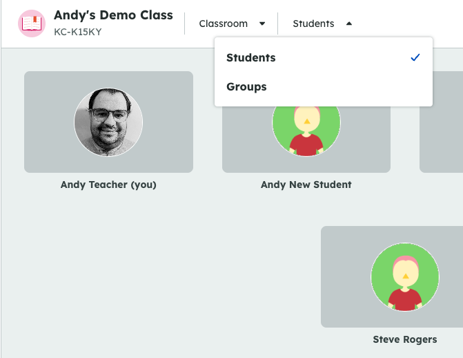 A classroom dashboard showing teacher and student profiles with a dropdown menu for Students and Groups.