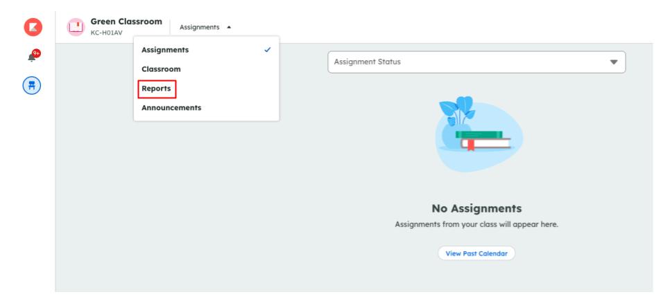 A classroom dashboard with a dropdown menu showing