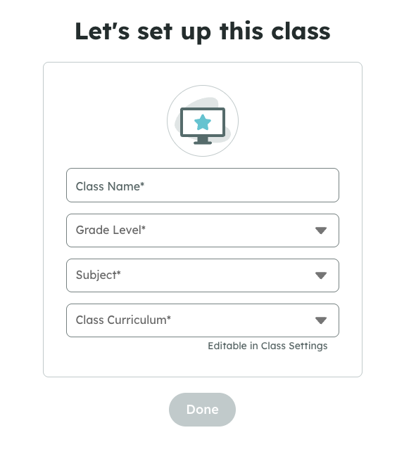 Form with fields for class name, grade level, subject, and curriculum, and a disabled