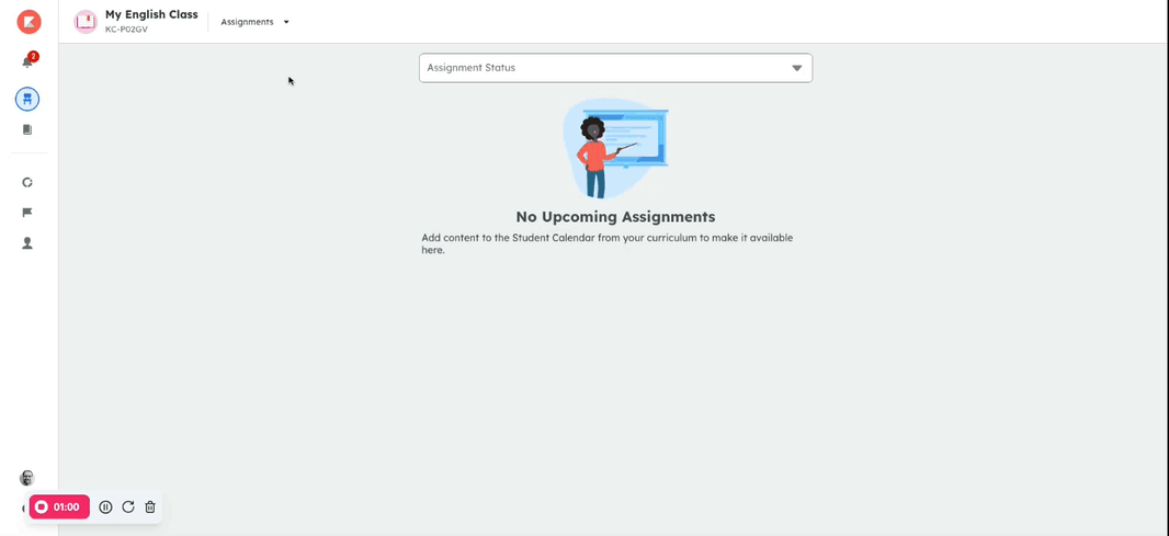 An animation showing the process of adding additional curricula to a class. The teacher navigates to the Class Settings using the drop-down at the top of the screen, then clicks Add Additional Curriculum to select another curriculum to attach to the course.