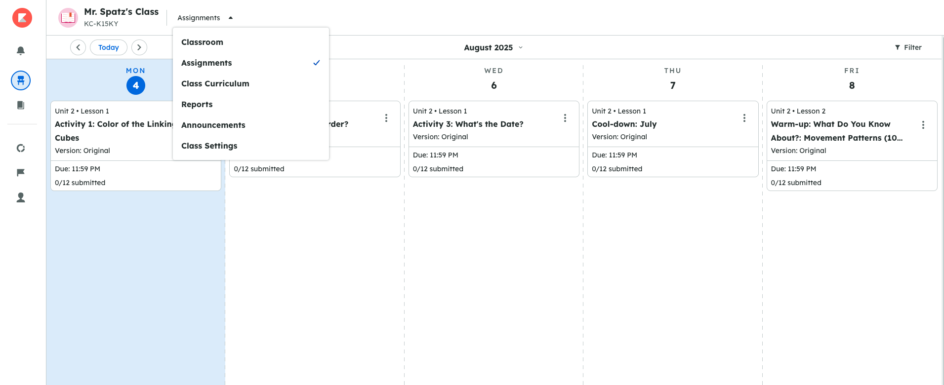 The Kiddom Assignment page showing recently assigned activities. The drop-down at the top shows a list of other locations within the Kiddom classroom; the Assignments option is selected.
