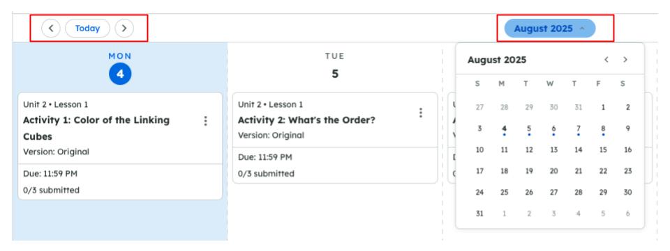 Digital calendar interface showing August 2025, with a daily agenda and a selected date of Monday, August 4. Left and right arrow buttons surrounding a Today button are highlighted as well as a calendar drop-down button.