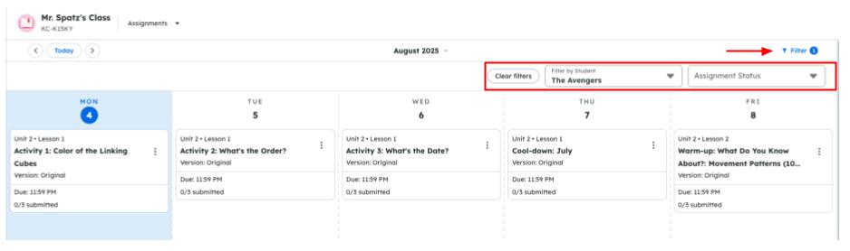 A calendar view of class assignments with filters for students and assignment status and a Clear filters button highlighted in red.