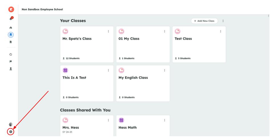Kiddom curriculum dashboard with a red arrow pointing to the question mark icon in the bottom left corner.
