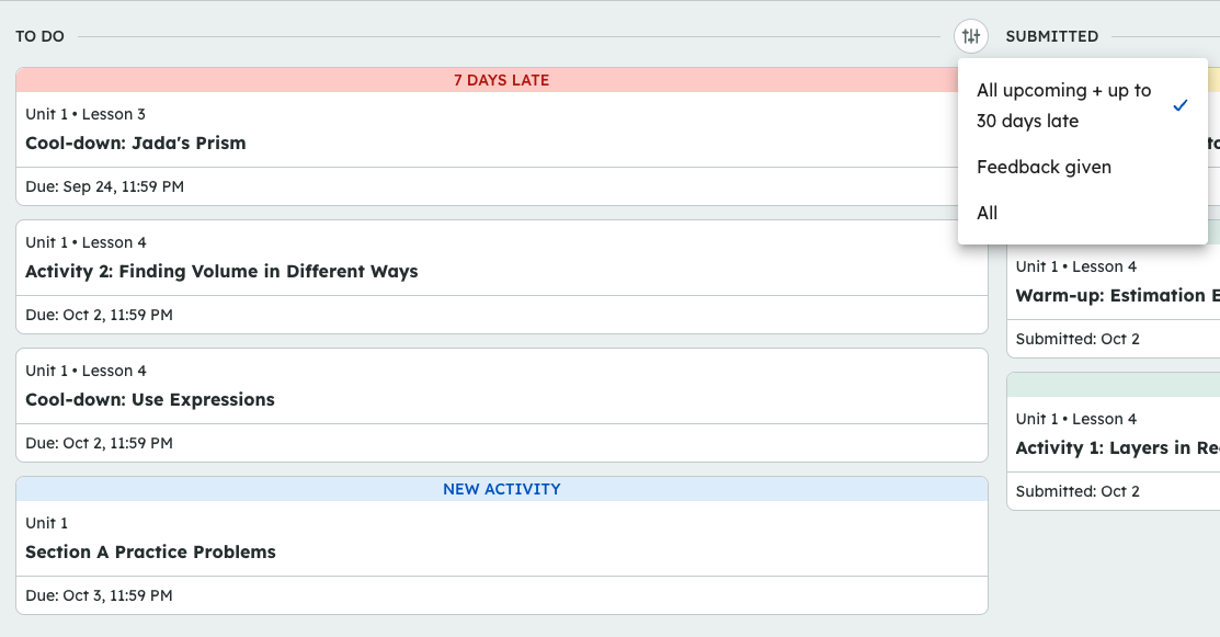 A digital assignment dashboard shows tasks, due dates, and a filter menu for submission status.