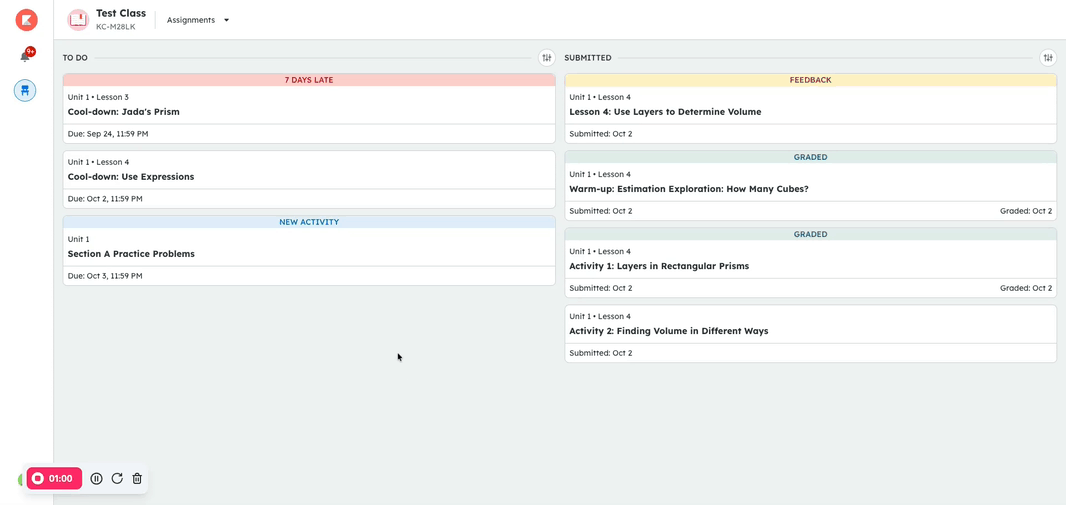 An animation showing a student opening an assignment from the Assignments page to complete, answering a question, and then submitting their assignment.