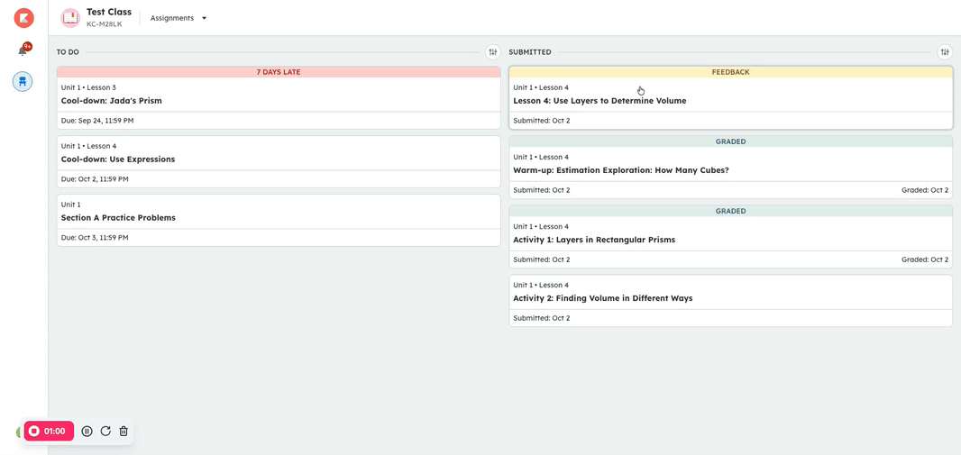 An animation of a student accessing submitted assignments. The first assignment contains feedback in a yellow box. The second is a graded assignment with a score in the top right corner.