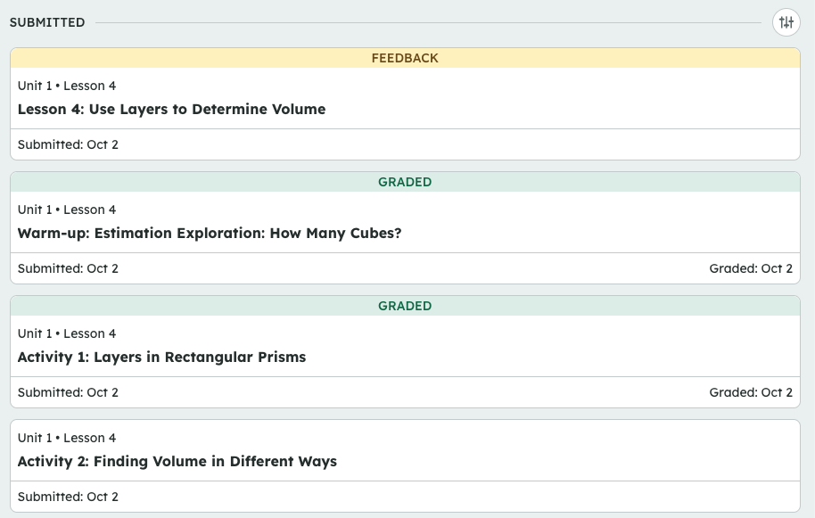 A dashboard shows submitted math assignments with feedback and graded status for Unit 1, Lesson 4 activities.