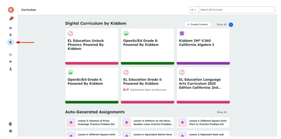 A dashboard displays curriculum tiles and a sidebar with various navigation icons on the left. The book icon is highlighted with a red arrow to indicate the Curriculum button.