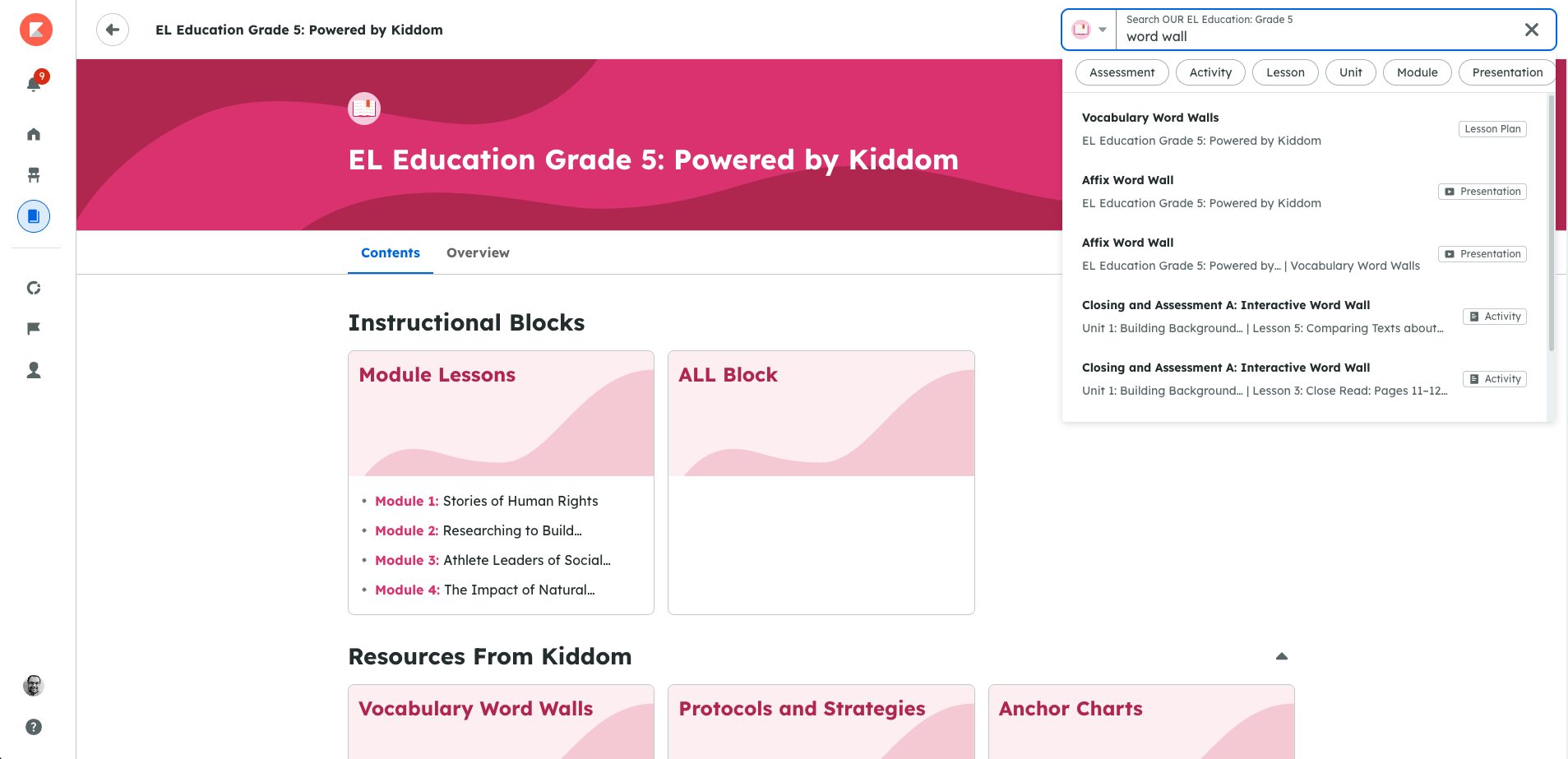 Screenshot of an ELA course showing Grade 5 modules and a search for