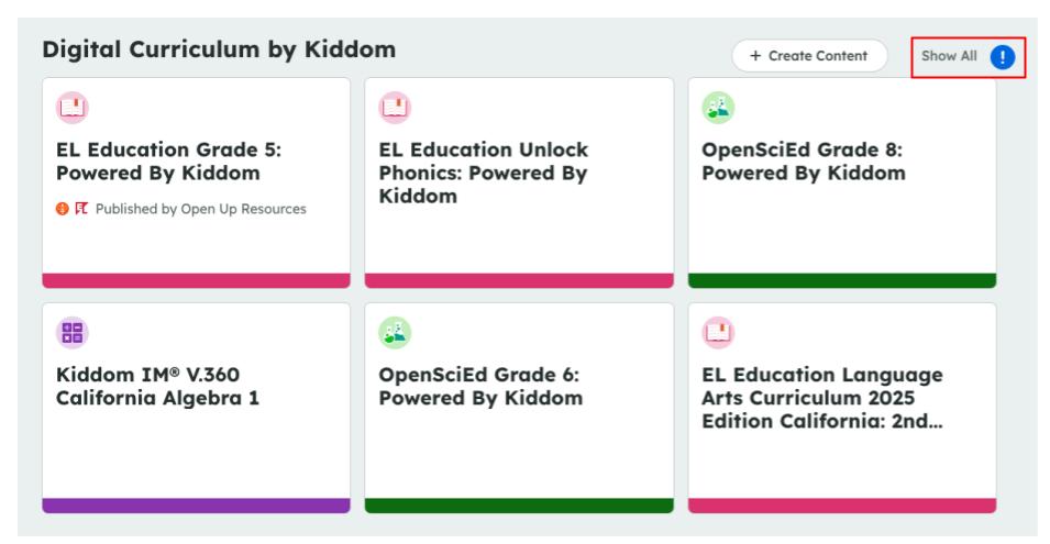 A dashboard showing six digital curriculum cards and a “Show All” button highlighted in the top right corner.
