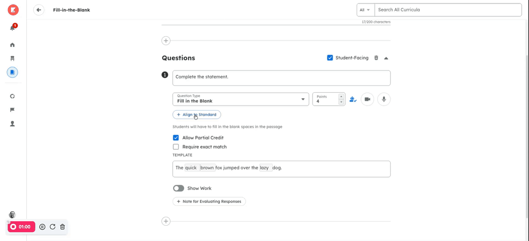 An animation showing a user attaching a standard to a question. The user clicks the Align to Standard button below the question, then uses the search and filter functions to find and add the standard.