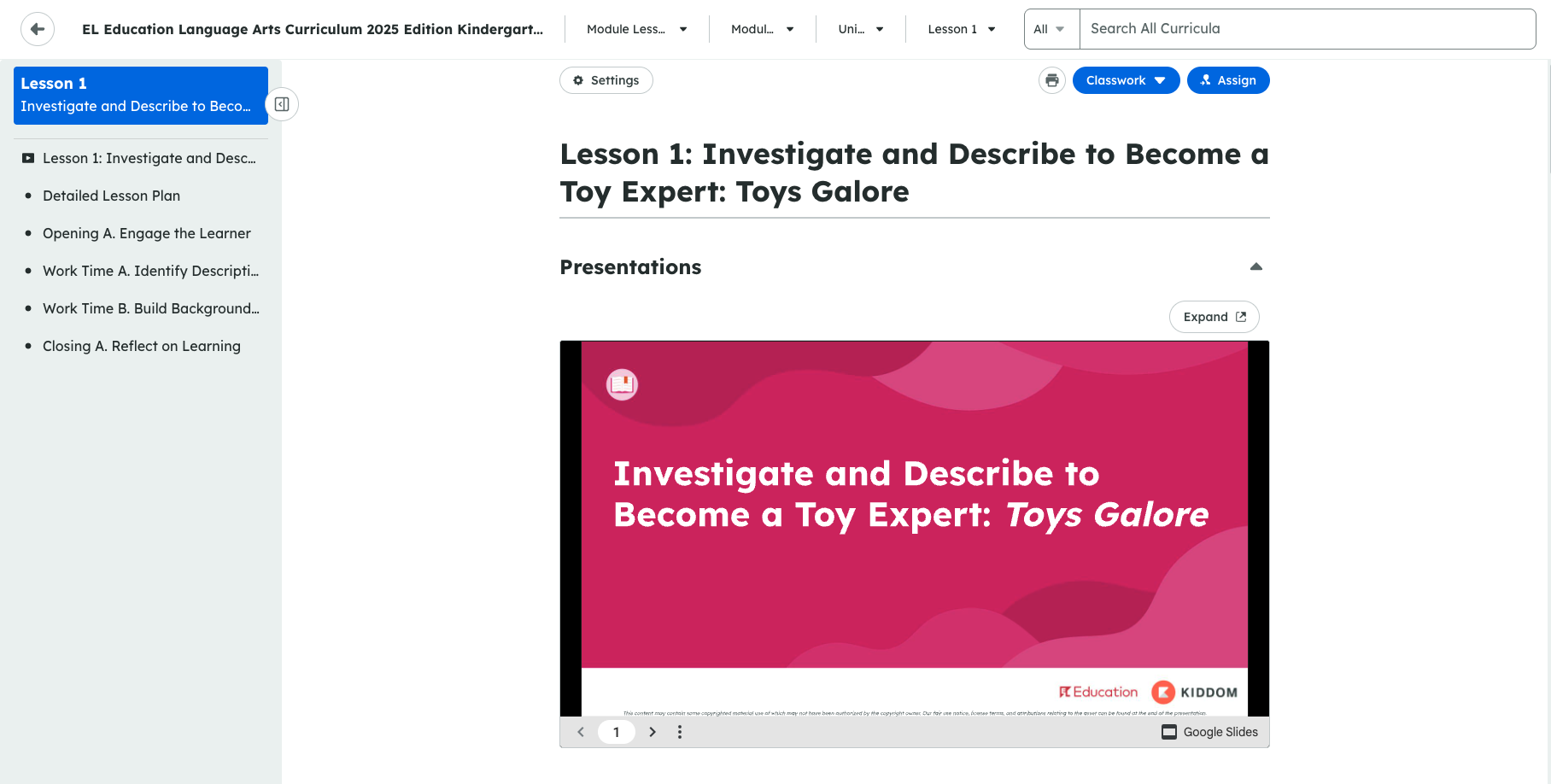 Screenshot of an online lesson page about reading informational texts, with a slide deck visible.