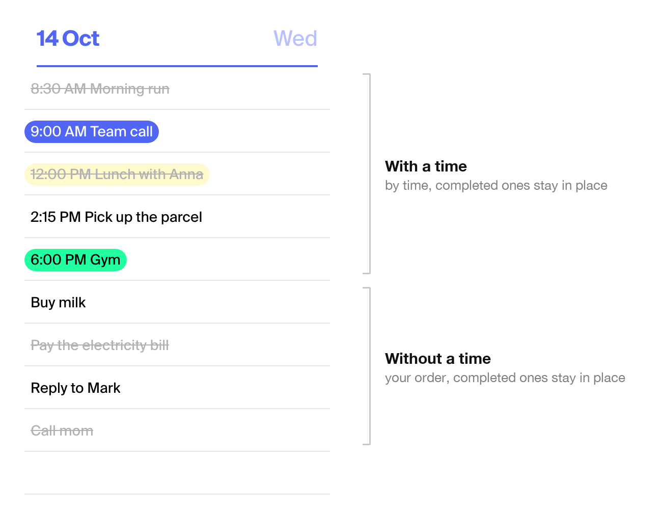 Sort completed tasks off: two groups, completed tasks stay in place