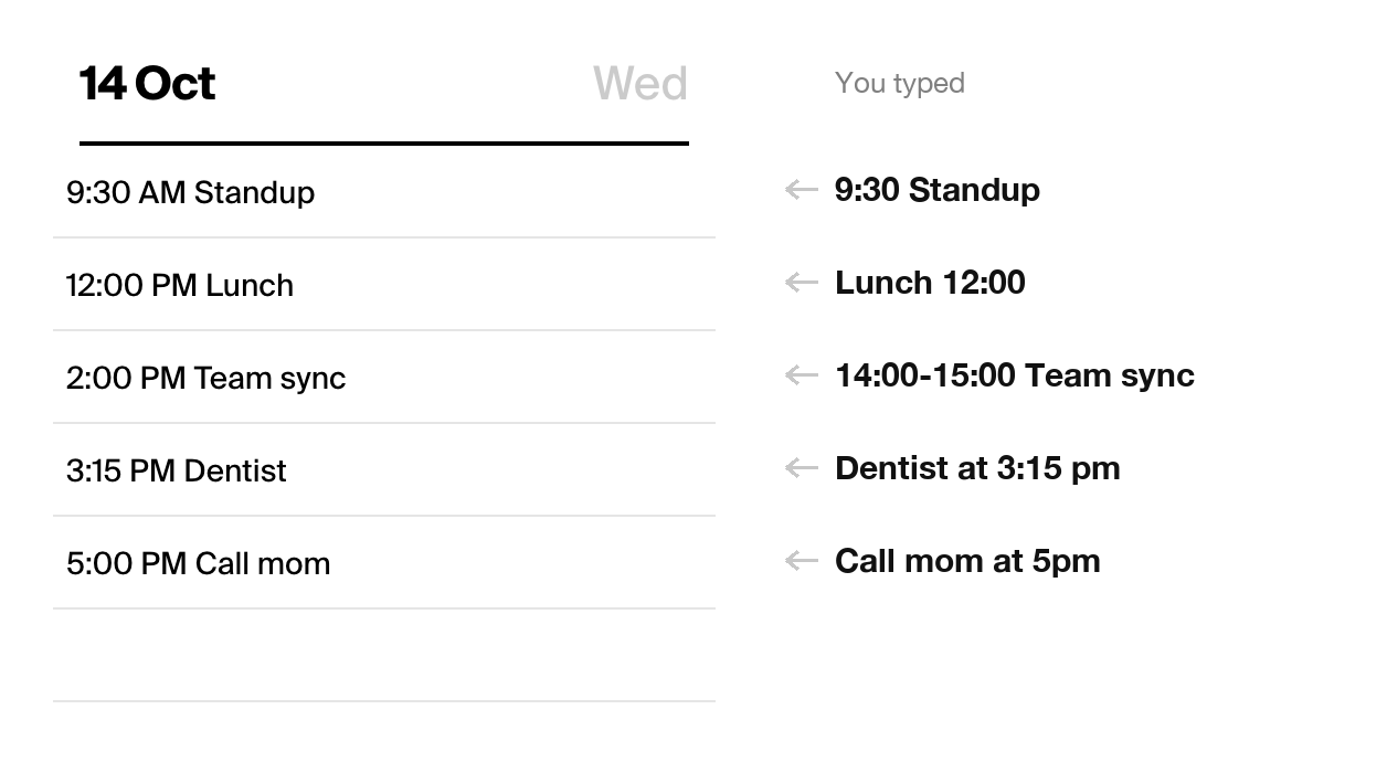 A day in Tweek: each typed time has moved to the start of its task, and the tasks are in time order