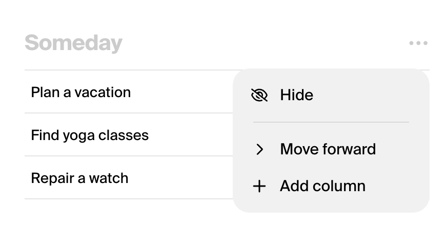 The Someday column menu with Move forward, Add column and Hide