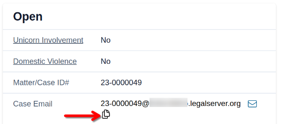 Screenshot of a case profile showing the case email address and the Copy to Clipboard icon