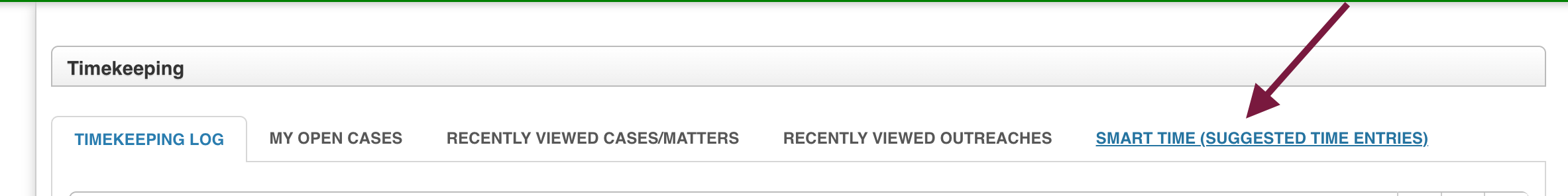 Screenshot showing a series of tabs on a Timkeeping section front, including a