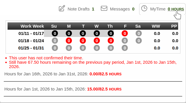 Screenshot of My Time widget showing daily breakdown of hours grouped by week
