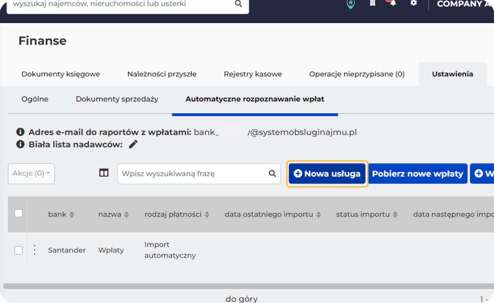 Ekran Automatyczne rozpoznawanie wpłat z zaznaczonym przyciskiem Nowa usługa