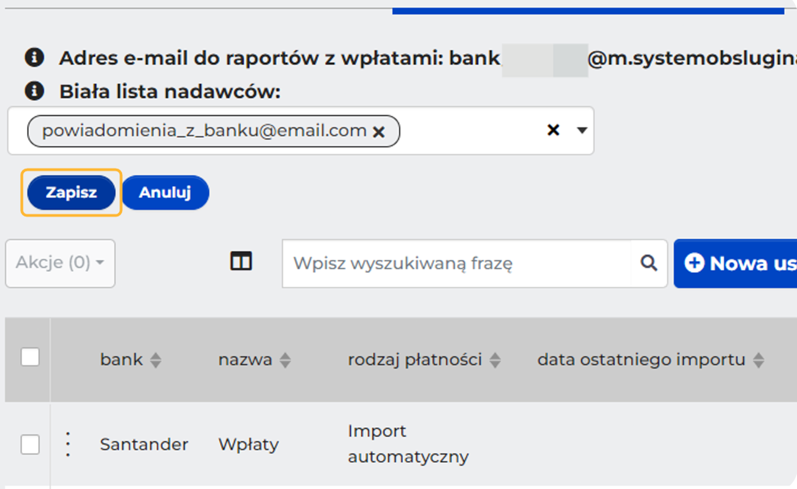 Pole Biała lista nadawców z dodanym adresem i przyciskiem Zapisz