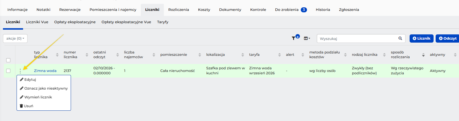 Karta nieruchomości, zakładka Liczniki: menu trzech kropek przy liczniku z opcją edycji licznika