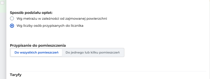 Edycja licznika: sekcja Sposób podziału opłat i sekcja Przypisanie do pomieszczenia z opcją Do wszystkich pomieszczeń, ustawioną po przeniesieniu konta