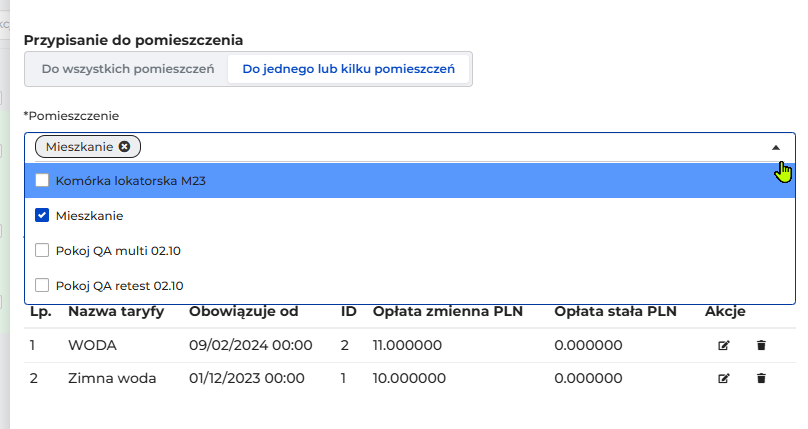 Edycja licznika: wybrana opcja Do jednego lub kilku pomieszczeń i rozwinięte pole Pomieszczenie z listą pomieszczeń do zaznaczenia