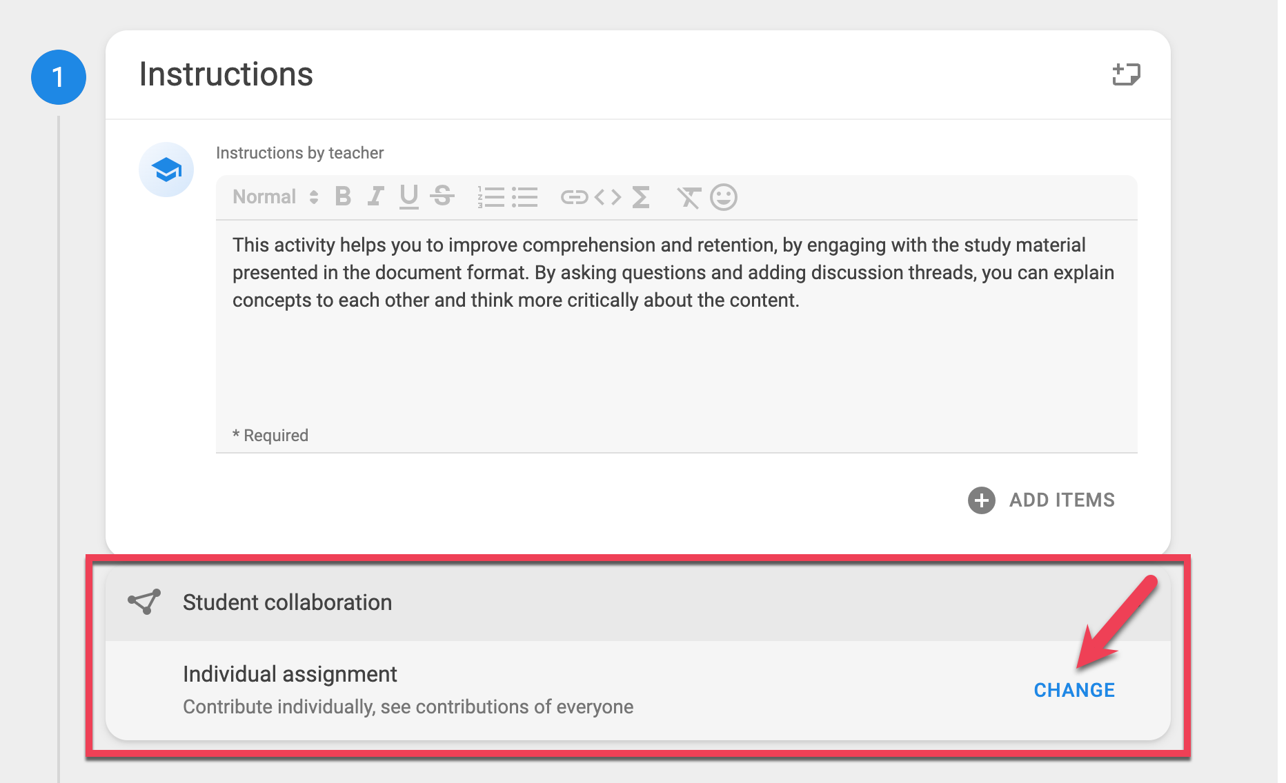 Peer Review Instructions Module with Red Arrow Pointing to the Change Button