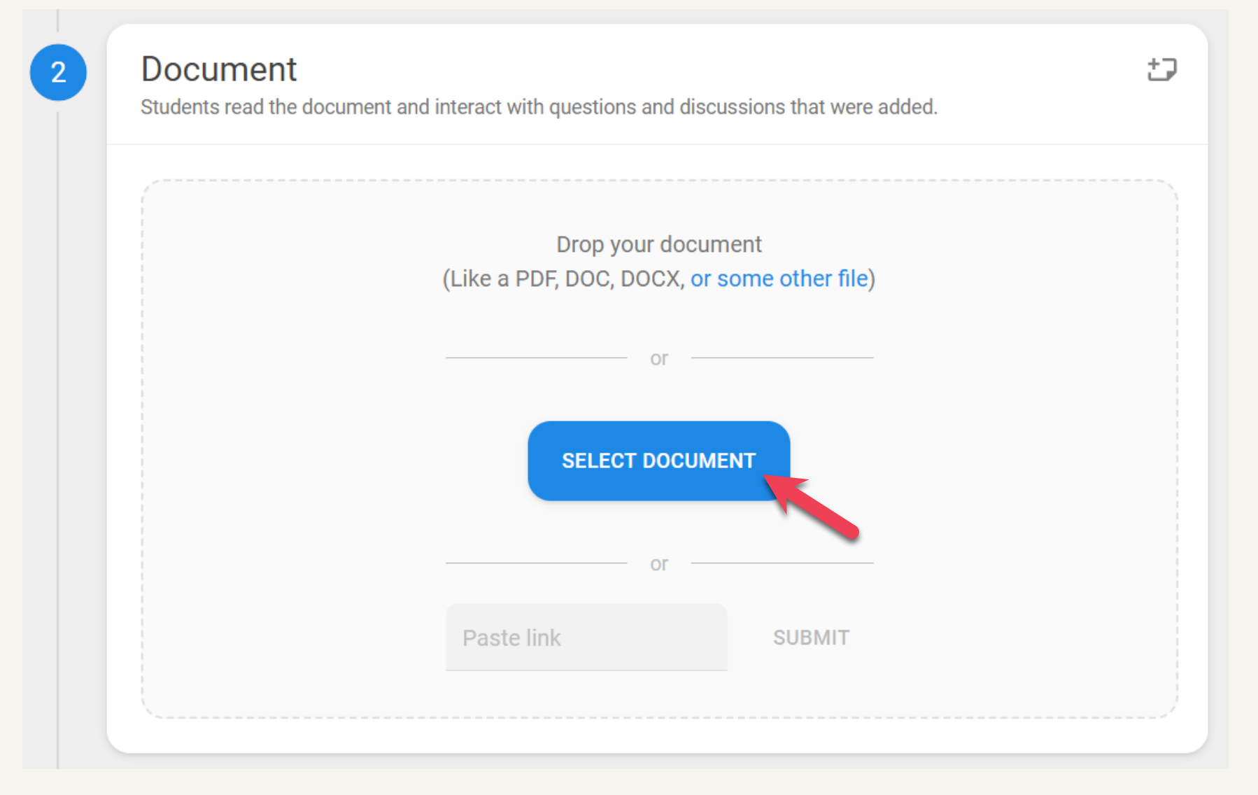 Screenshot with the SELECT DOCUMENT button being highlighted with a red arrow.