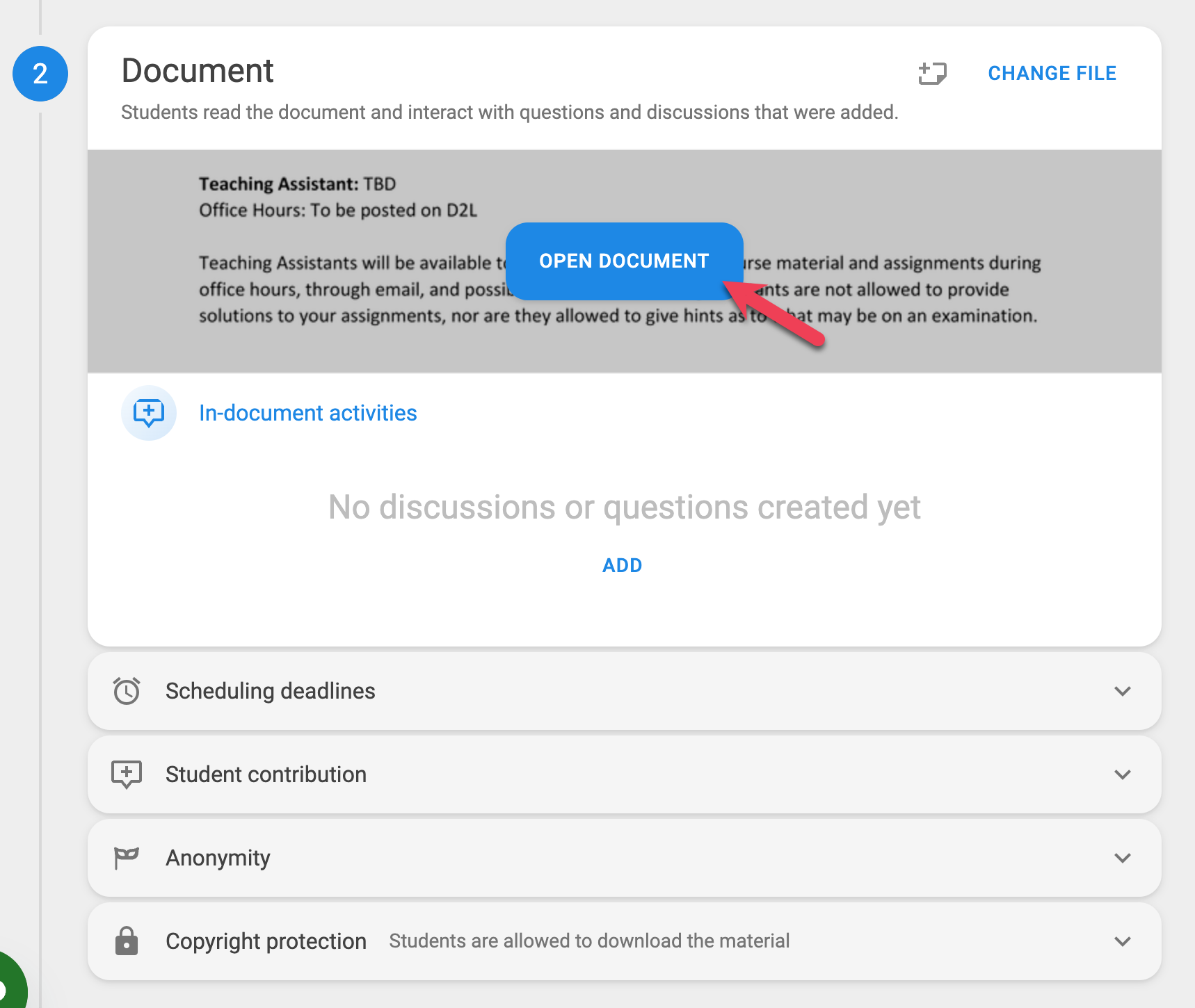 Screenshot of the OPEN DOCUMENT button being highlighted with a red arrow.