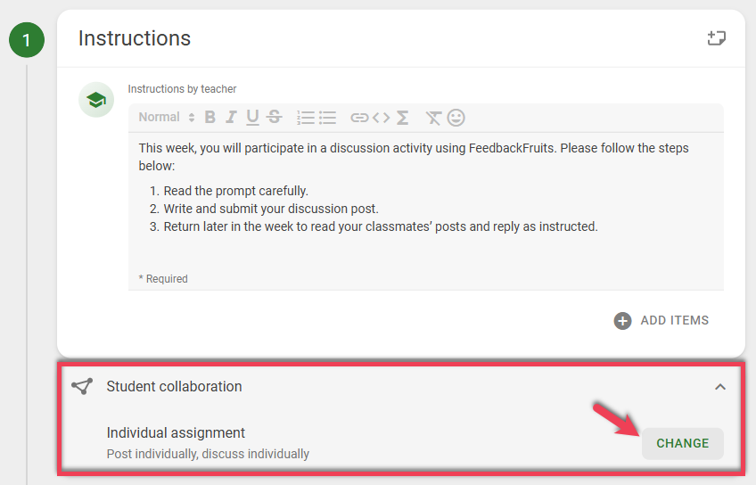Screenshot of the Instructions Step in a Discussion on Work with a red box highlighting the Student collaboration area