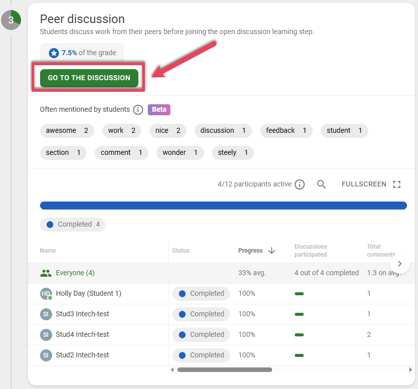 Screenshot pointing out the Go to the Discussion button on a Peer discussion step