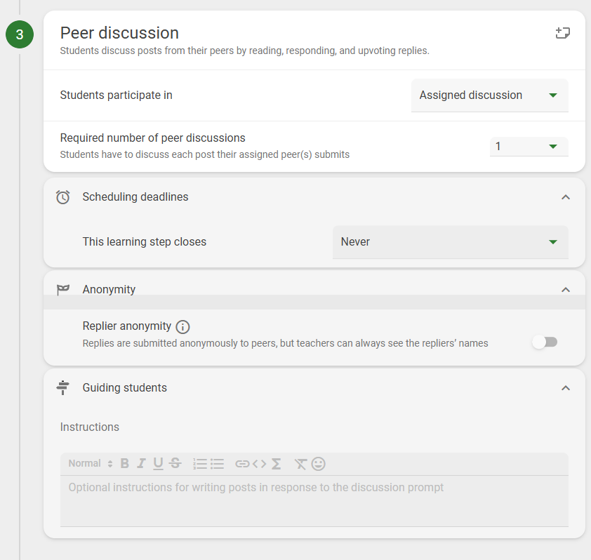 Screenshot showing the Peer Discussion options expanded