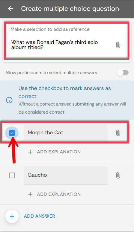 Screenshot with red boxes and arrow showing where to fill the questions, answers, and check the correct answer.