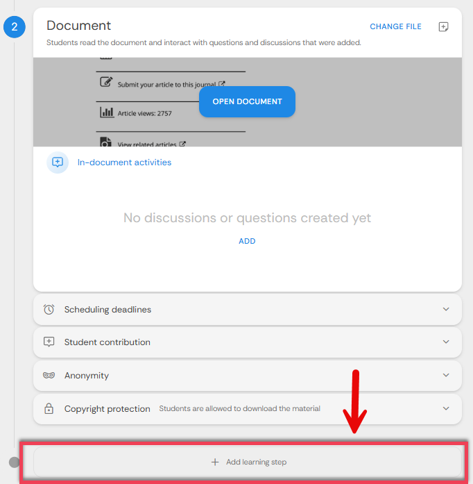Screenshot highlighting the Add learning step icon with a red box and arrow.