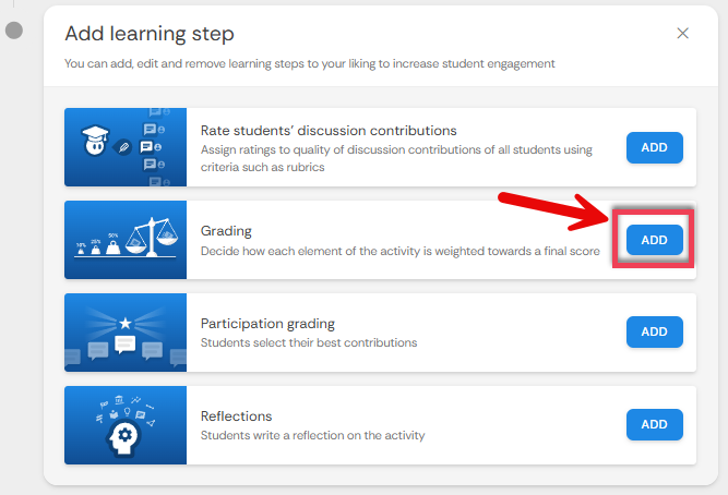 Screenshot highlighting the ADD button on the grading step.