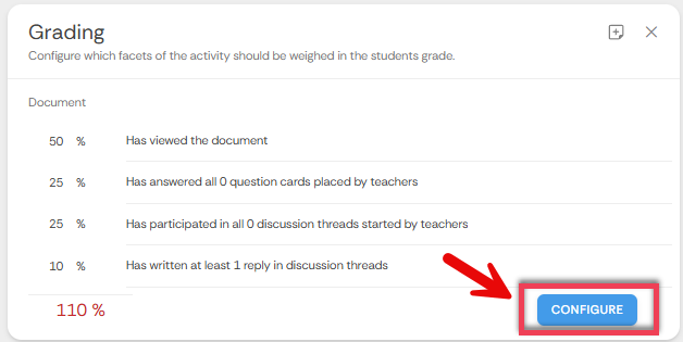 Screenshot highlighting the CONFIGURE button on the grading step.