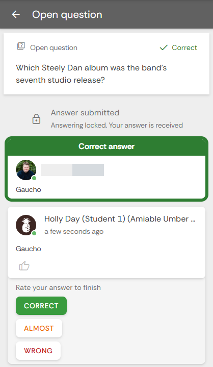 Screenshot showing a student's answer to an Open question, the instructors correct answer, and the student scoring themselves as having gotten the correct answer.
