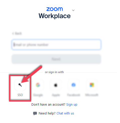 Zoom sign-in screen with the SSO option highlighted and all other options blurred out.