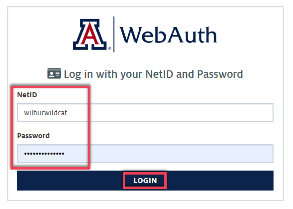 UA webauth screen with netID and password fields as well as the login button highlighted.