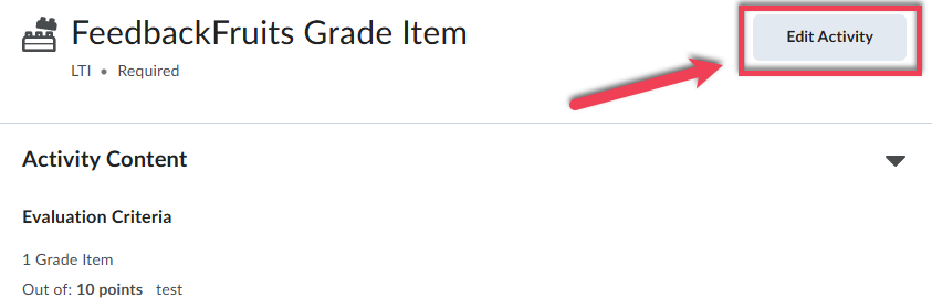 Screenshot of Course Content and the Edit Activity button being outlined in red with a red arrow.