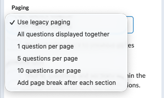 Options are All questions displayed together, 1 question per page, 5 questions per page, 10 questions per page, Add page break after each section