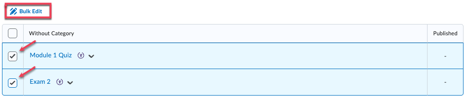 Bulk Edit button and check boxes to the left of quizzes